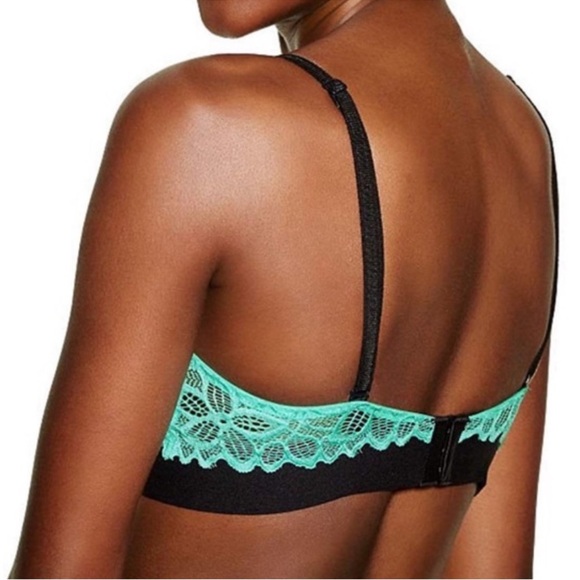 Victoria Secret Push Up Bra in Green Mint Lace and Black Band size 34 B - Picture 2 of 11